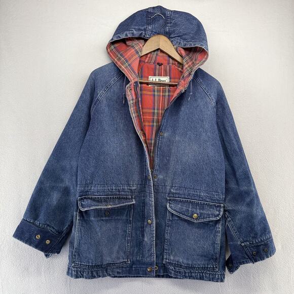 Vintage LL Bean Jacket Womens M/L Blue Denim Hooded Barn Chore Flannel Lined 90s - Picture 1 of 12